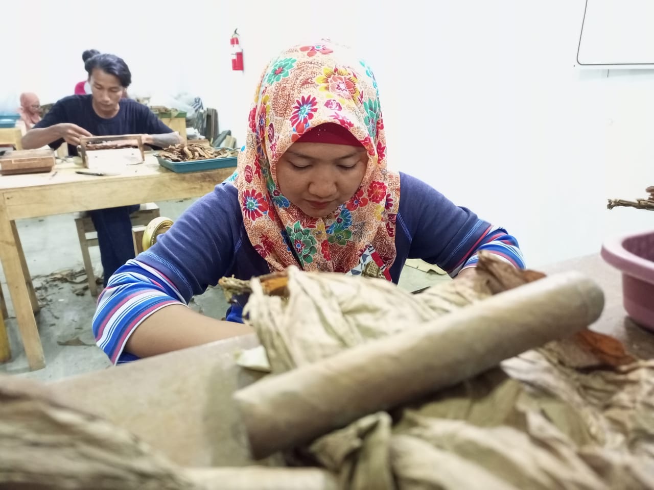 Perajin ceritu asal Desa Bejiruyung, Kecamatan Sempor menunjukkan hasil produksi cerutu berpita cukai. (