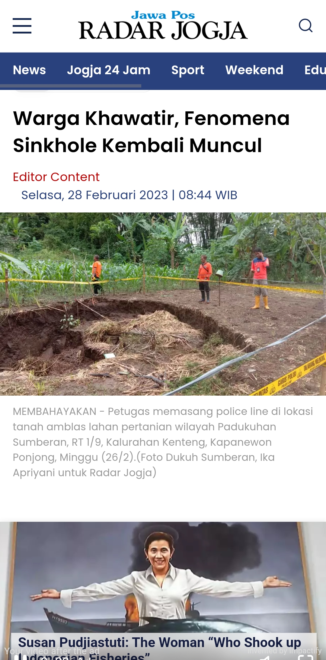 DIPASANG GARIS POLISI: Lokasi tanah amblas lahan pertanian di wilayah Padukuhan Sumberan, Kenteng, Kapanewon Ponjong Gunungkidul beberapa waktu lalu . (Sumber: Dokumen Radar Jogja)
