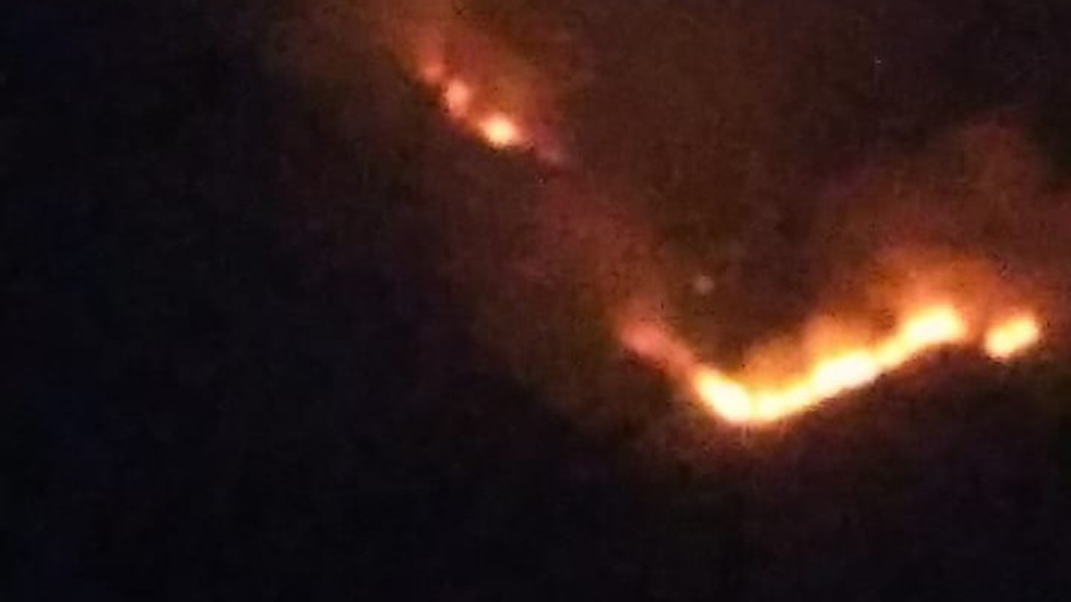 KOBARAN API: Terlihat api membumbung tinggi di Gunung Andong saat malam hari. Para petugas tidak berani memadamkam api sebab lokasinya terlalu curam. (Istimewa)