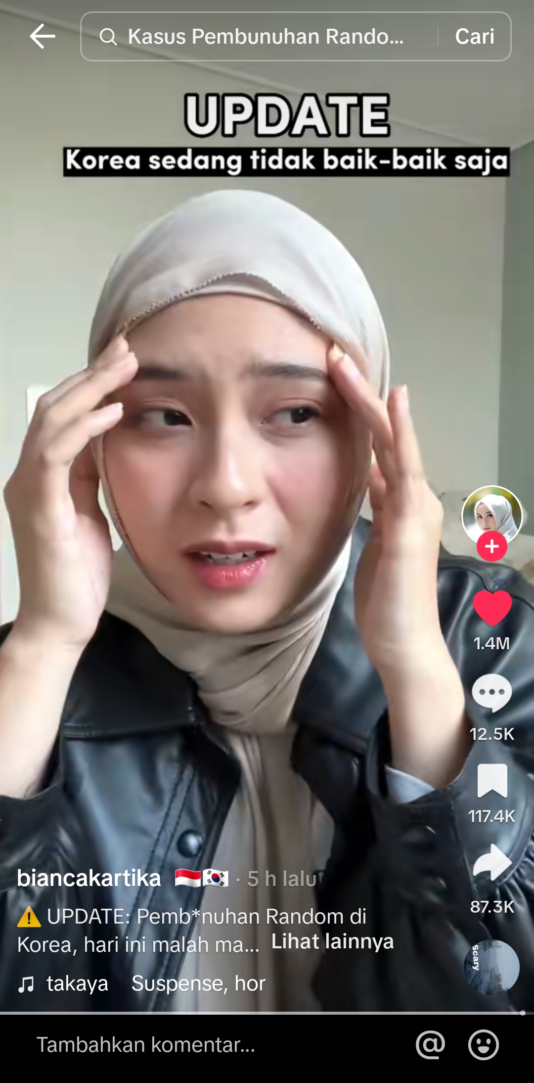 SPEAK UP: Akun biancakartika membagikan postingannya terkait cerita kejadian pembunuhan dan suasana mencekam di Korea Selatan di unggah di akun TikTok-nya, Sabtu (5/8/2023) lalu.