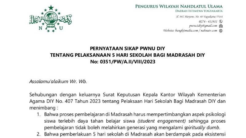 SIKAP: Surat pernyataan sikap PWNU DIY tentang pelaksanaan 5 hari sekolah madrasah DIY.