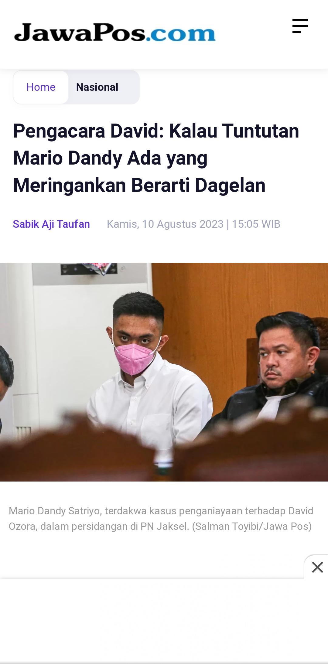 Mario Dandy Satriyo, terdakwa kasus penganiayaan terhadap David Ozora, dalam persidangan di PN Jaksel. (Salman Toyibi/Jawa Pos)