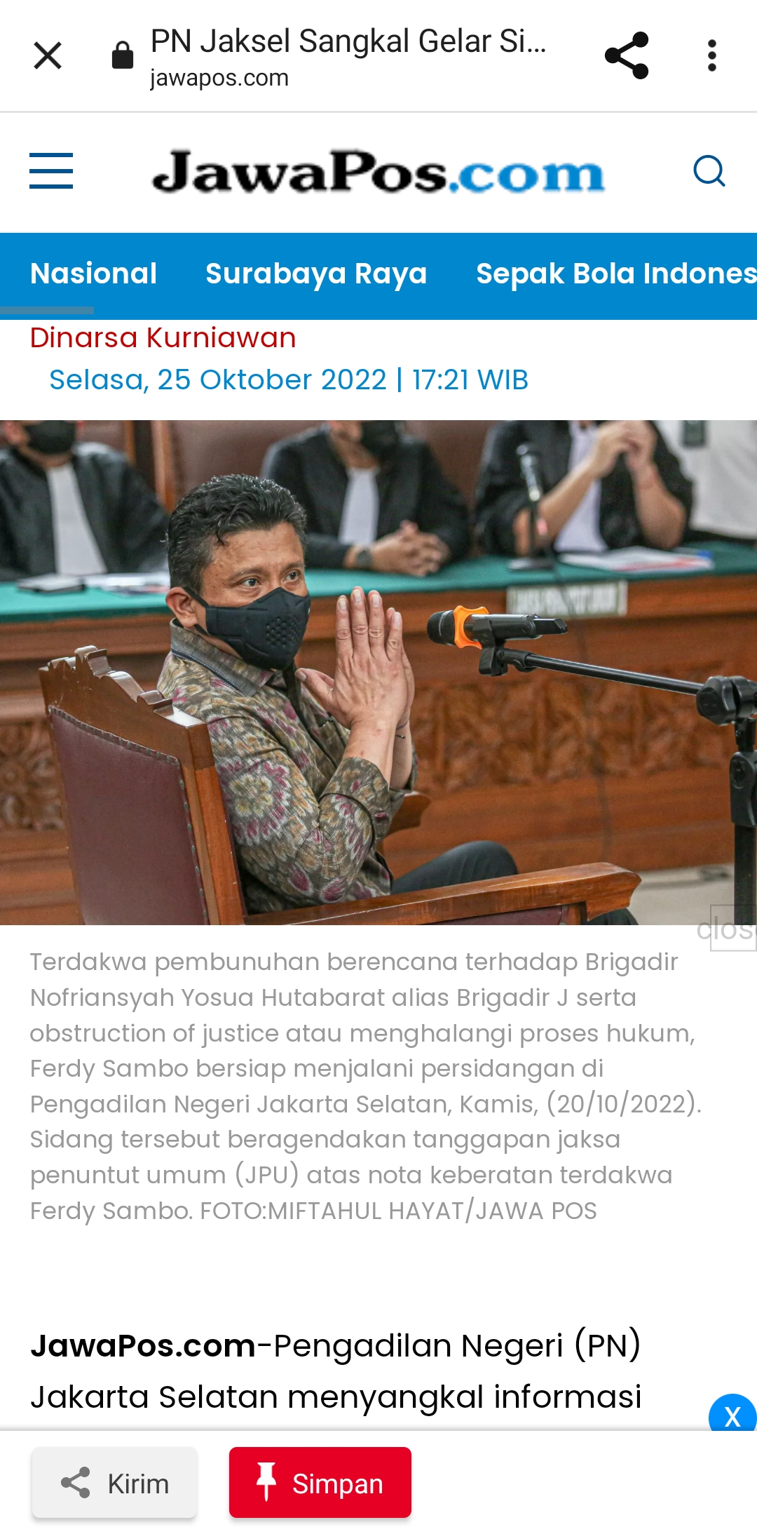 Ferdy Sambo terdakwa pembunuhan berencana terhadap Brigadir J serta obstruction of justice. (MIFTAHUL HAYAT/JAWA POS)