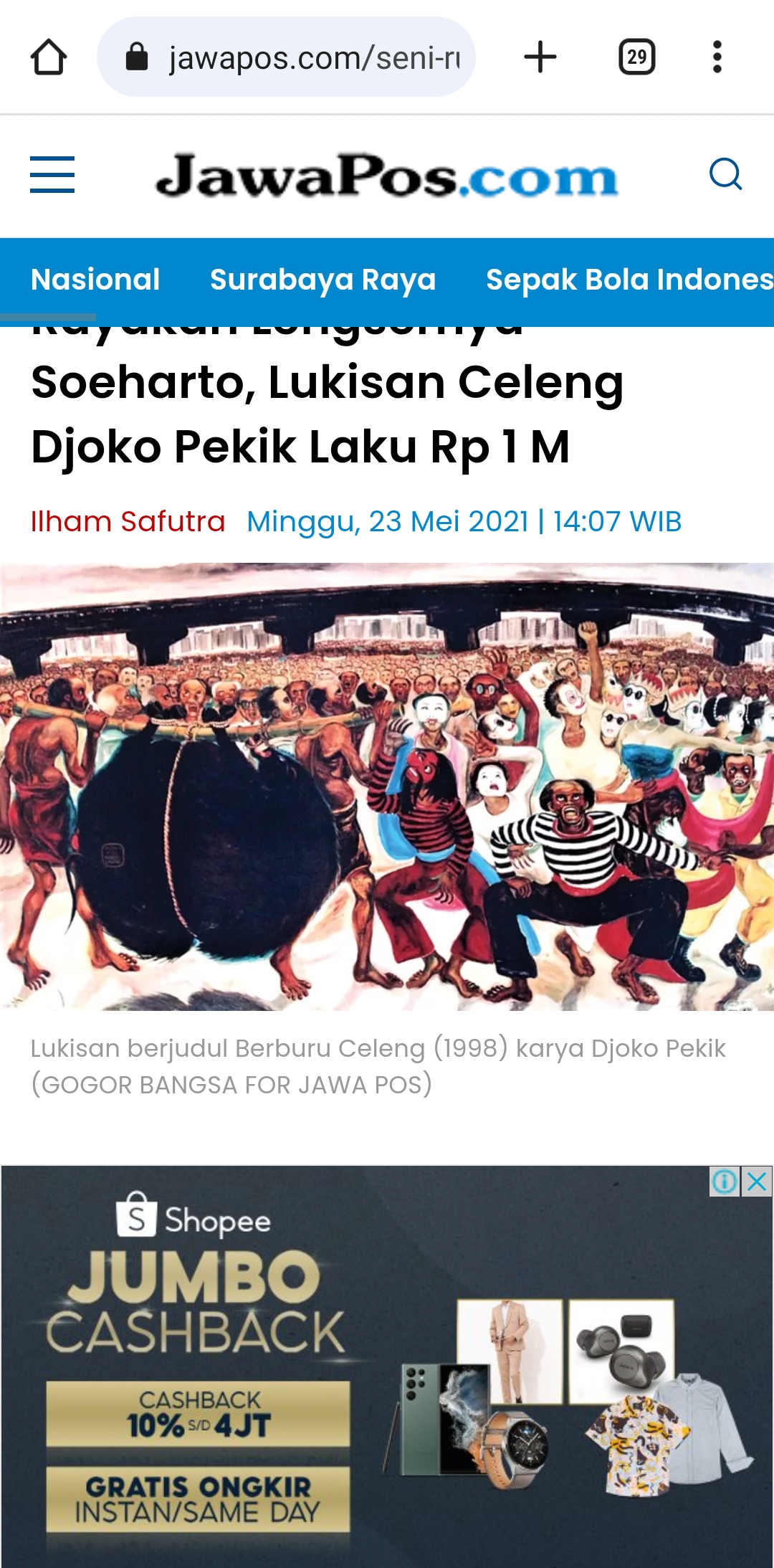 Lukisan Djoko Pekik berjudul Berburu Celeng dibuat pada 1998. (Istimewa)