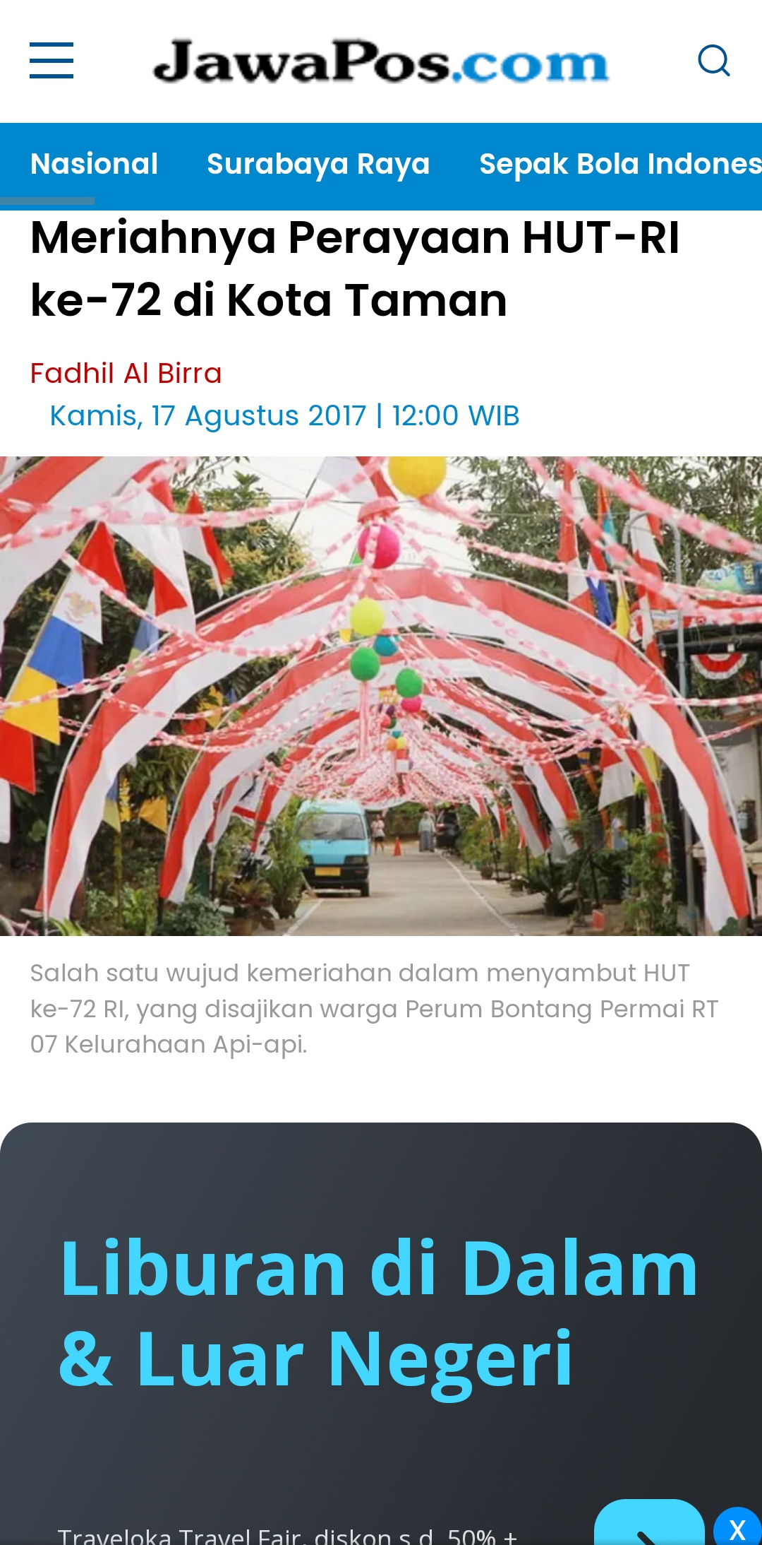 Foto Ilustrasi jalan kampung penuh hiasan umbul-umbul saat perayaan Kemerdekaan HUT RI. (JawaPos.com)