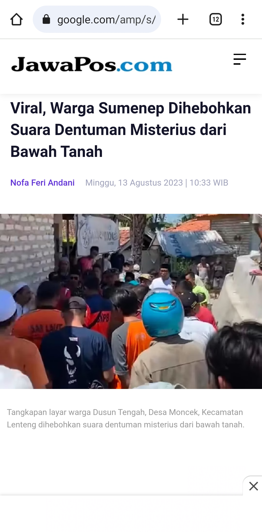 Tangkapan layar warga Dusun Tengah, Desa Moncek, Lenteng, Sumenep dihebohkan suara dentuman misterius dari dalam tanah, Sabtu (12/8/2023). (Jawa Pos Group)