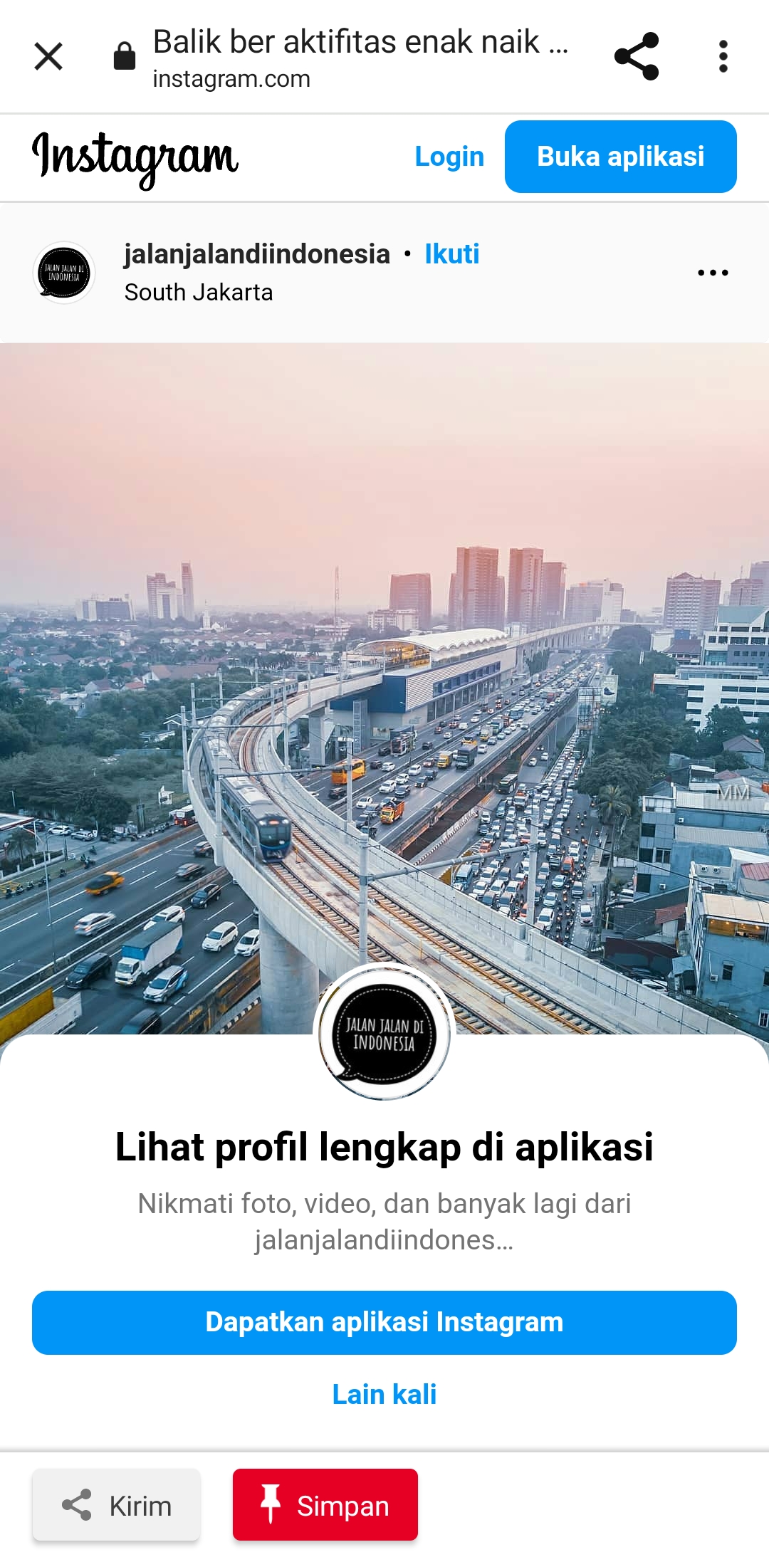 METROPOLITAN: Suasana padatnya kendaraan di Jakarta sebabkan pencemaran udara. (IG jalanjalandiindonesia)