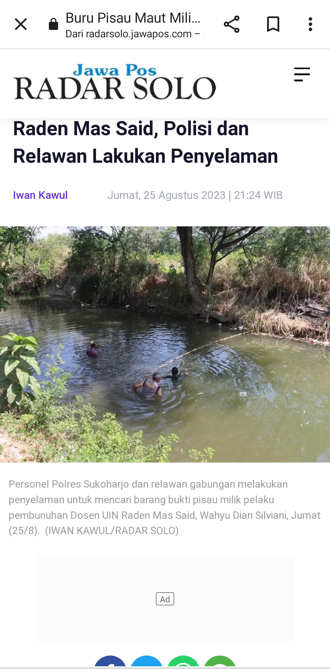 Polres Sukoharjo dan relawan gabungan lakukan penyelaman mencari barang bukti pisau maut pelaku pembunuhan Dosen UIN Raden Mas Said, Wahyu Dian Silviani, Jumat (25/8).  (IWAN KAWUL/RADAR SOLO)