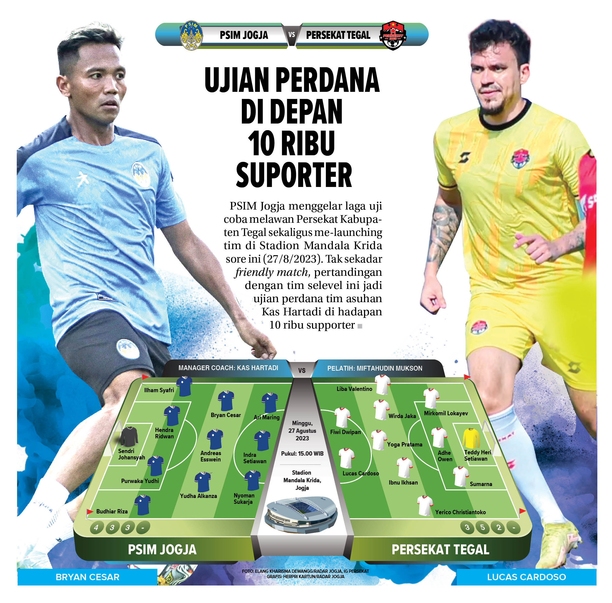 JOGJA - PSIM Jogja menggelar laga uji coba melawan Persekat Kabupaten Tegal sekaligus me-launching tim di Stadion Mandala Krida, Minggu, 27 Agustus 2023