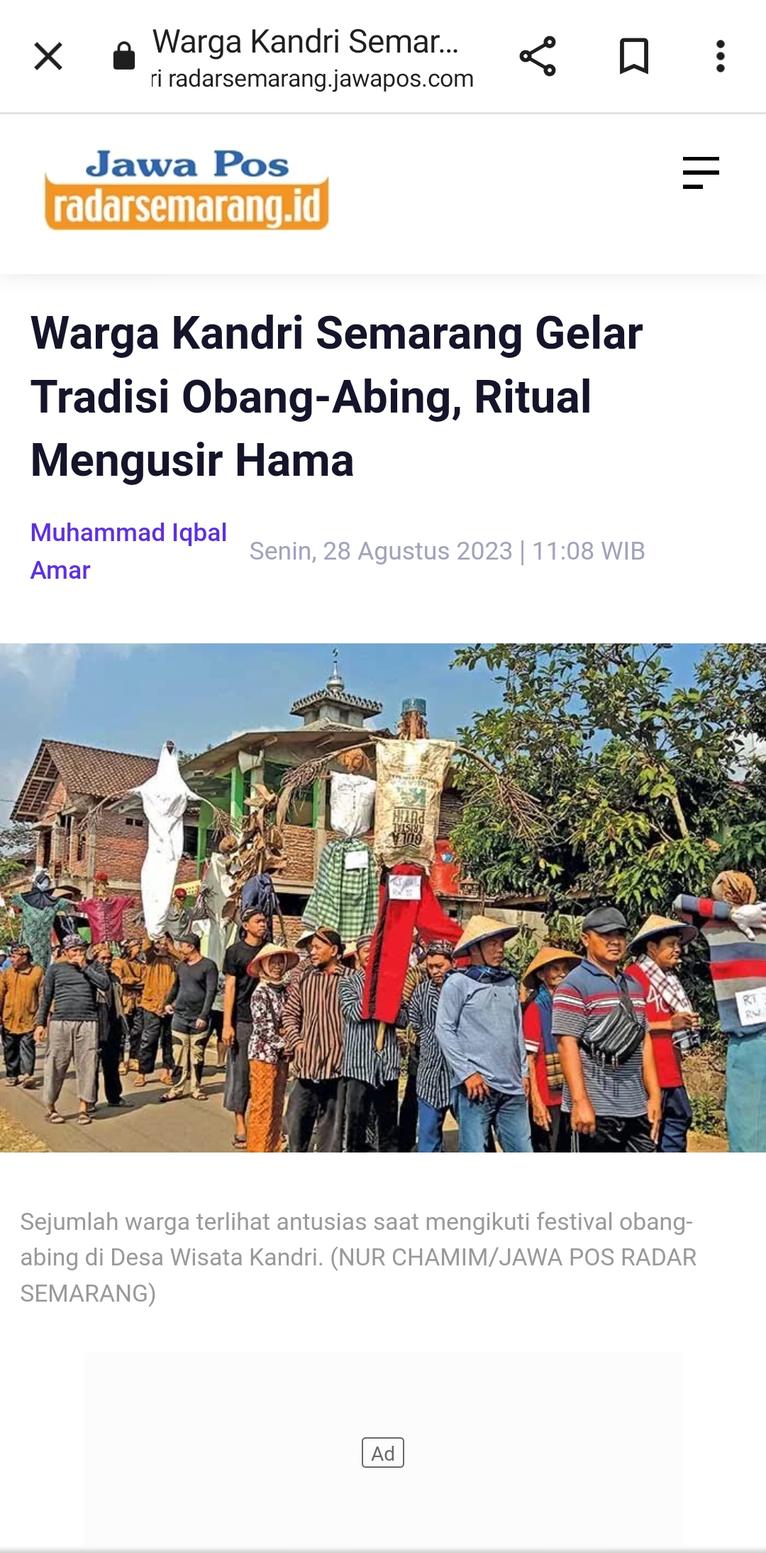 MERIAH: Festival Obang-Abing di Desa Wisata Kandri, Kota Semarang, Minggu (28/8/2023). (NUR CHAMIM - Jawa Pos Radar Semarang)