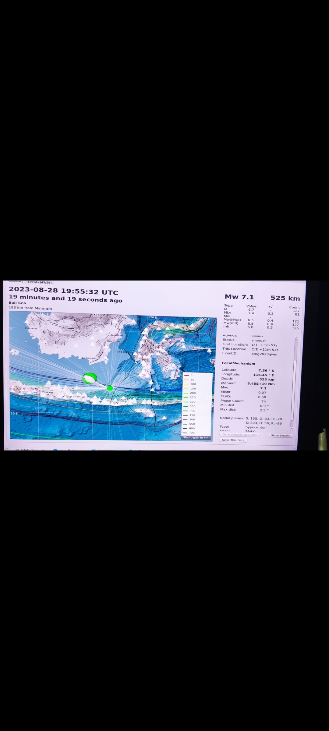 DIGUNCANG GEMPA: Hasil monitoring gempa bumi di Laut Jawa Utara Lombok, Selasa (28/8/2023) dini hari. (Twittwer Daryono)