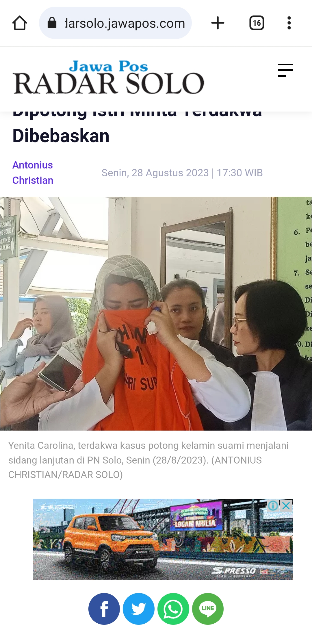 Yenita Carolina, terdakwa kasus potong kelamin suami menjalani sidang lanjutan di PN Solo, Senin (28/8/2023). (ANTONIUS CHRISTIAN/RADAR SOLO)