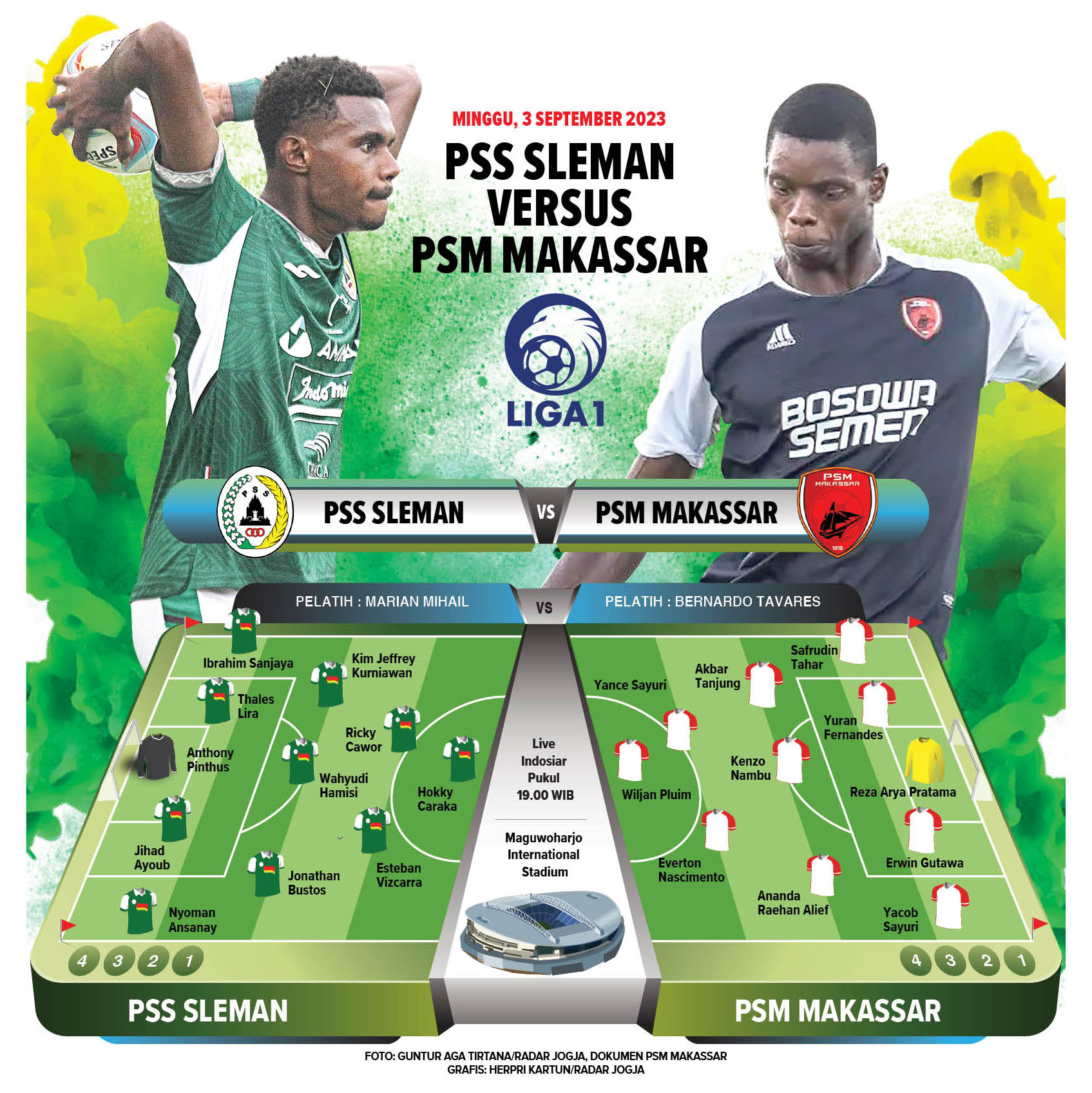 PSS Sleman versus PSM Makassar. Minggu, 3 September 2023. Di Maguwoharjo International Stadium.