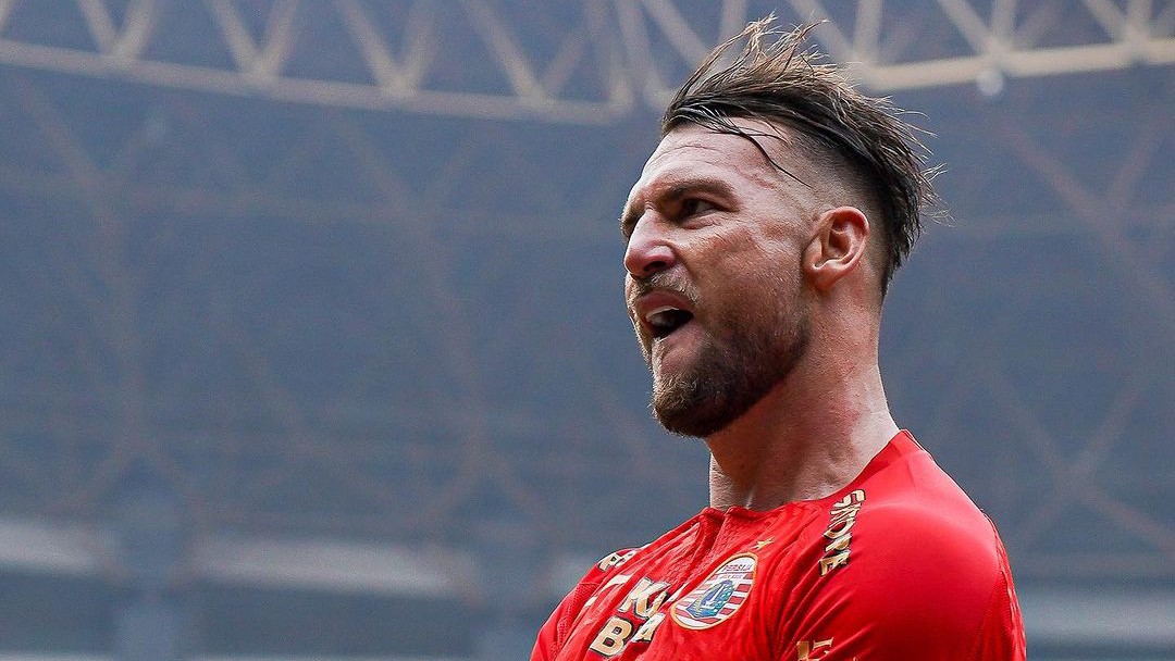 SERU: Pemain Persija Jakarta Marco Simic usai mencetak gol ke gawang Persib Bandung dalam lanjutan BRI Liga 1 2023/24 di Stadion Patriot Candrabhaga, Sabtu (2/9). (Dok Persija)