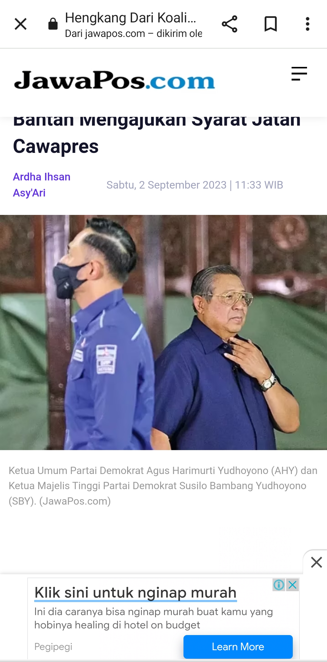 Ketua Umum Partai Demokrat Agus Harimurti Yudhoyono (AHY) dan Ketua Majelis Tinggi Partai Demokrat Susilo Bambang Yudhoyono (SBY). (JawaPos.com)