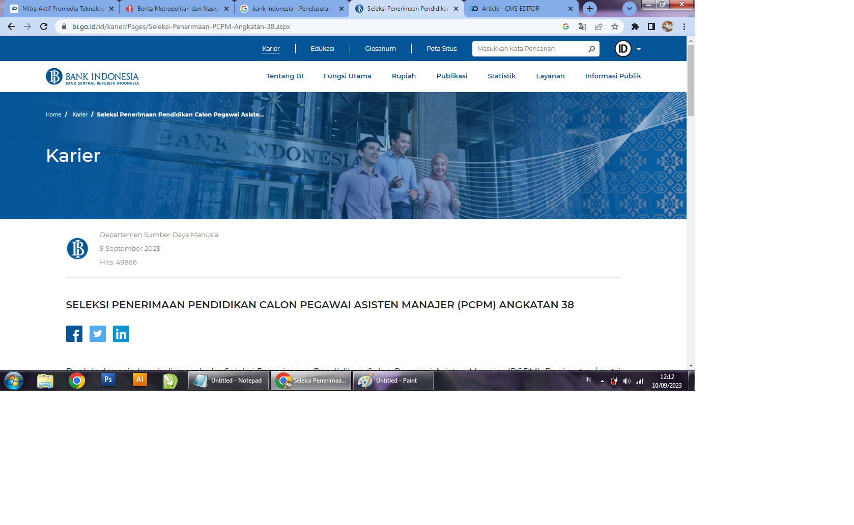 BI buka lowongan kerja melaui program Rekrutmen PCPM Angkatan 38 bagi . Pendaftaran 9-14 September 2023. (laman  BI/bi.go.id)