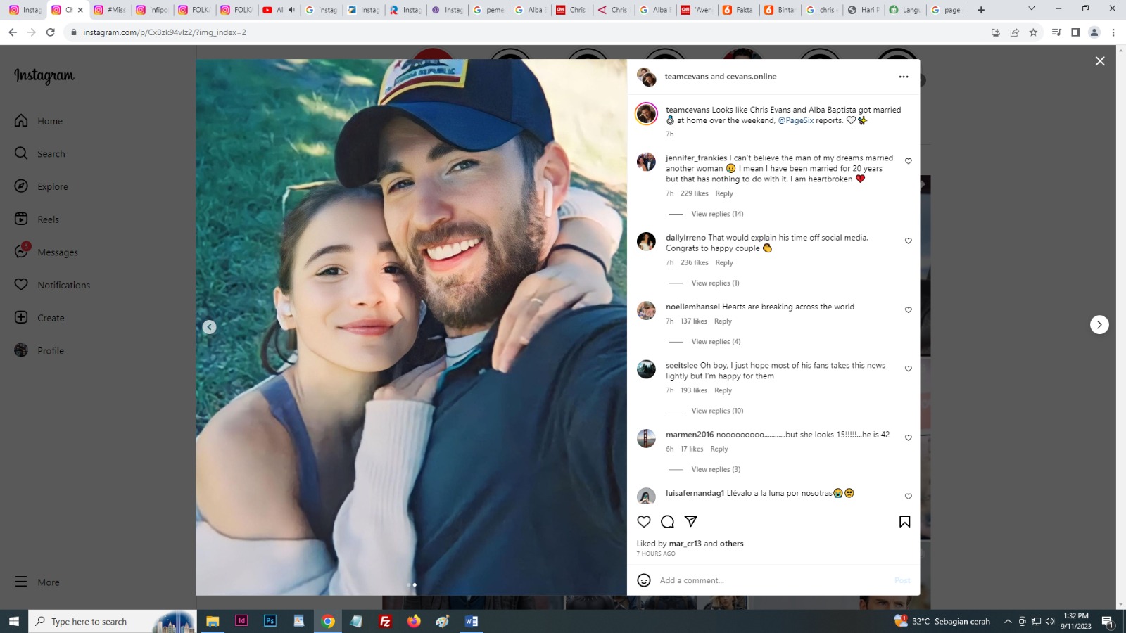 RESMI MENIKAH: Aktor film Captain Amerika Chris Evans dan kekasihnya, Alba Baptista. (Instagram @teamcevans)