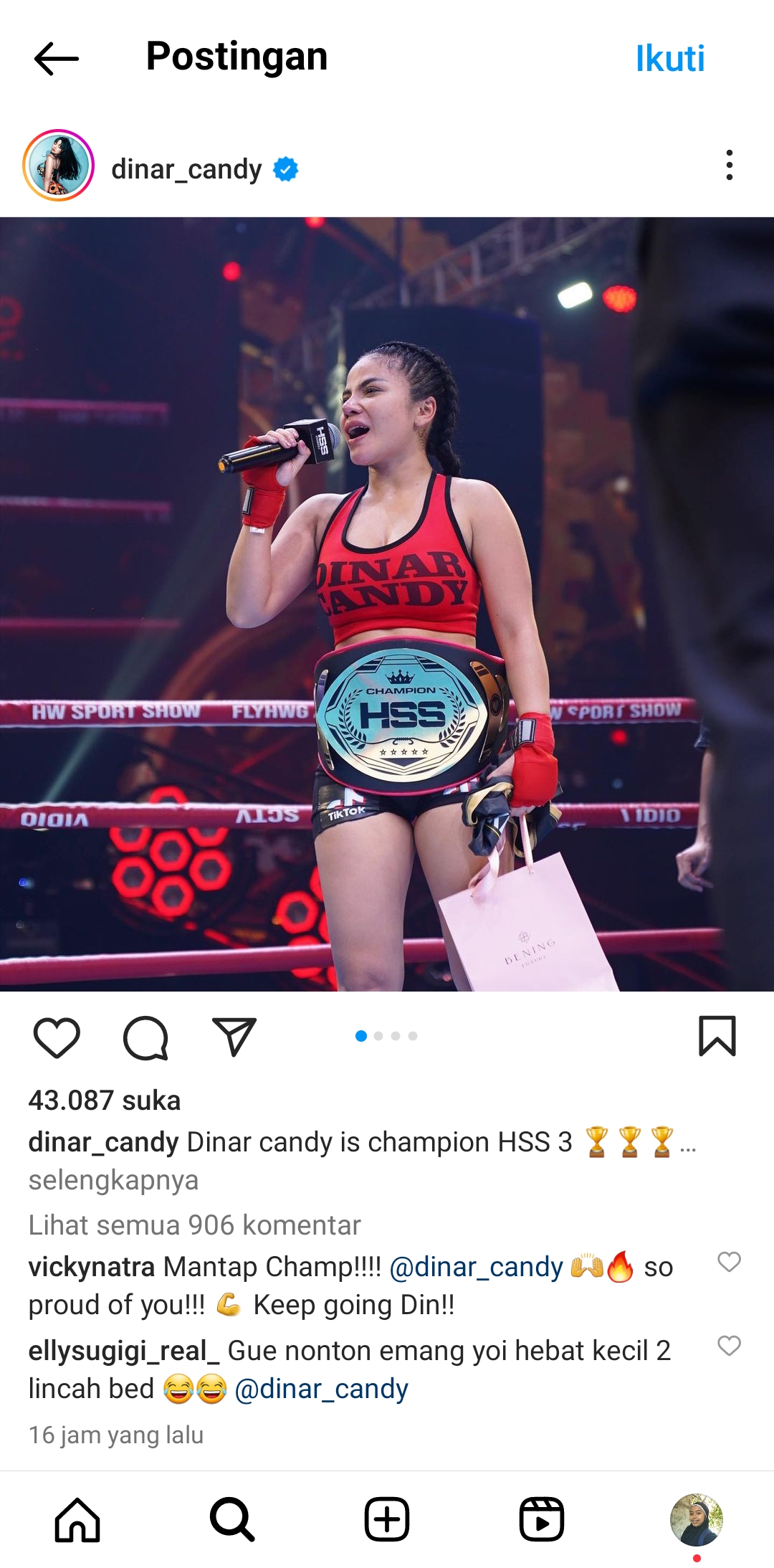 MENANG: Dinar Candy menang telak tinju lawan Pamela Safitri dalam Holywings Sport Show 3 di Bali. (Ig Dinar Candy)