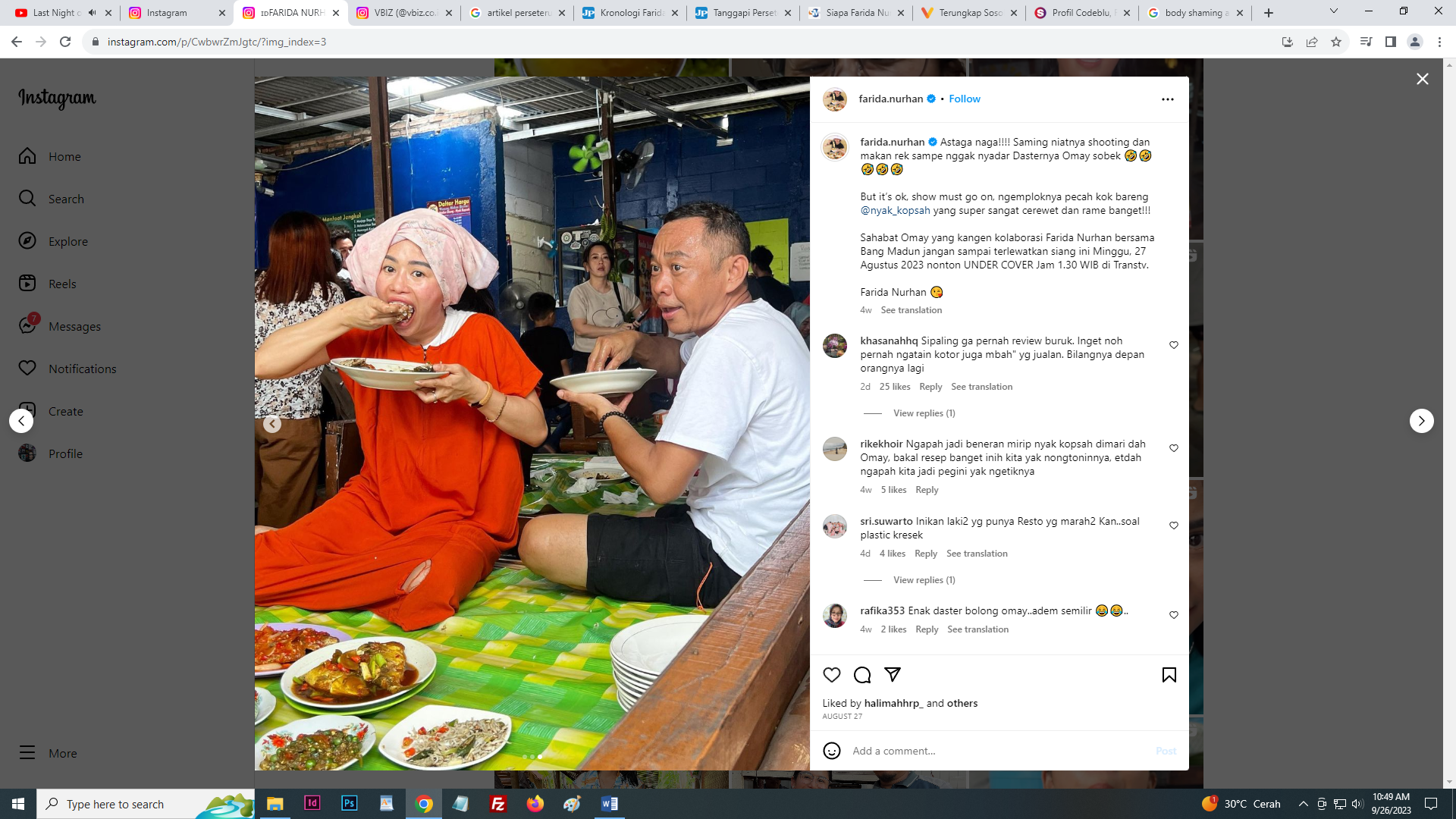 Food Vloger Faridha Nurhan sedang menikmati makanan di sebuah warung bersama seorang pria. (Instagram @farida.nurhan)