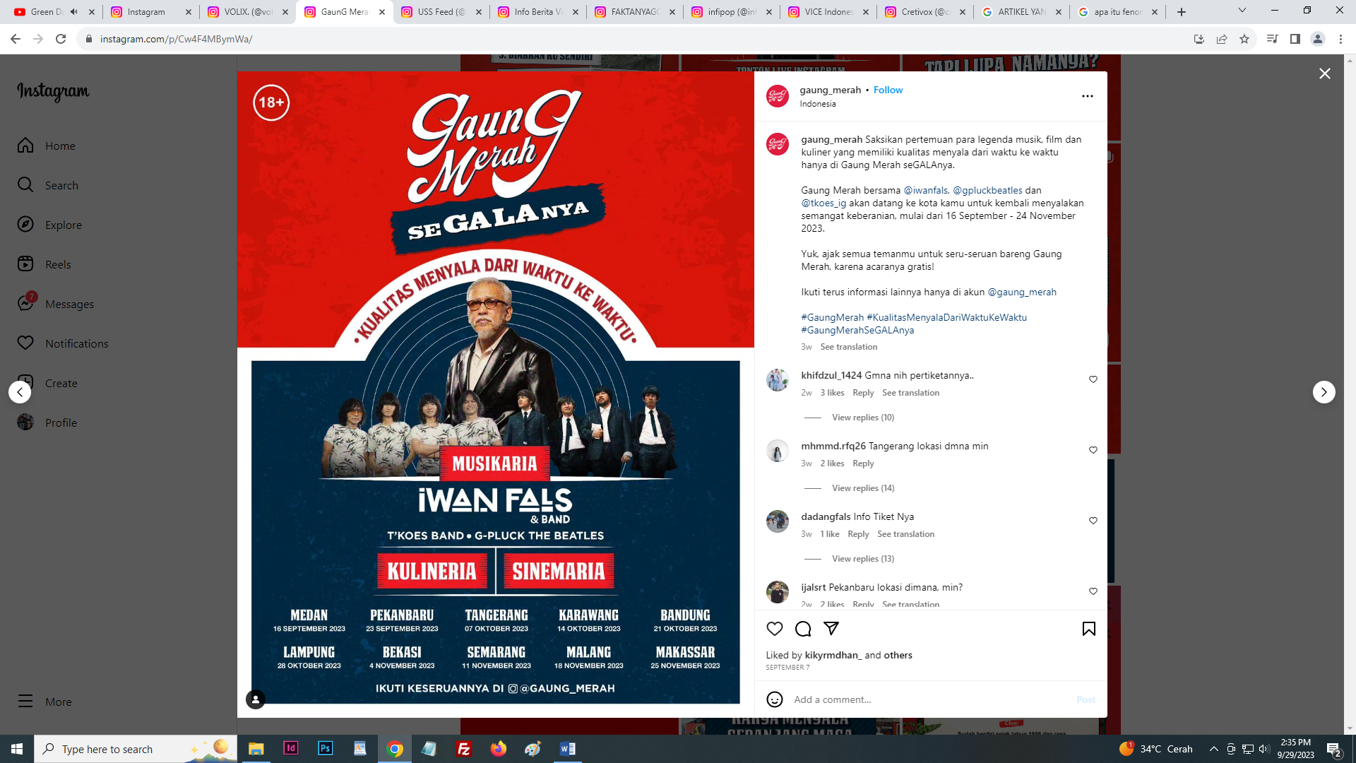 Musisi Indonesia Iwan Fals gelar konser di 10 Kota secara gratis. (Instagram/@gaung_merah)