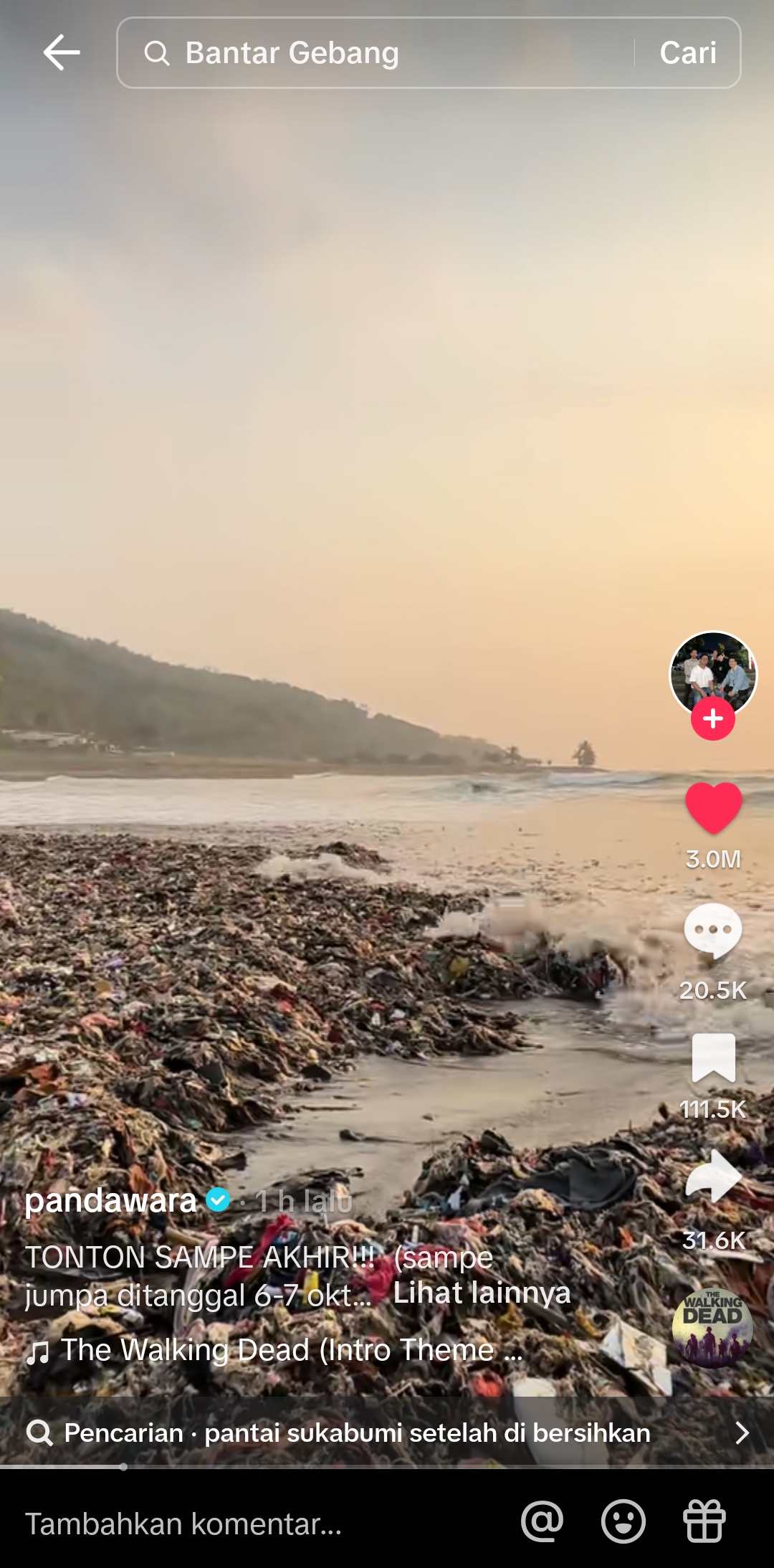 LAUTAN SAMPAH: Kondisi Pantai Cibutun Loji, Kabupaten Sukabumi, Jawa Barat. (Tiktok/@Pandawara)