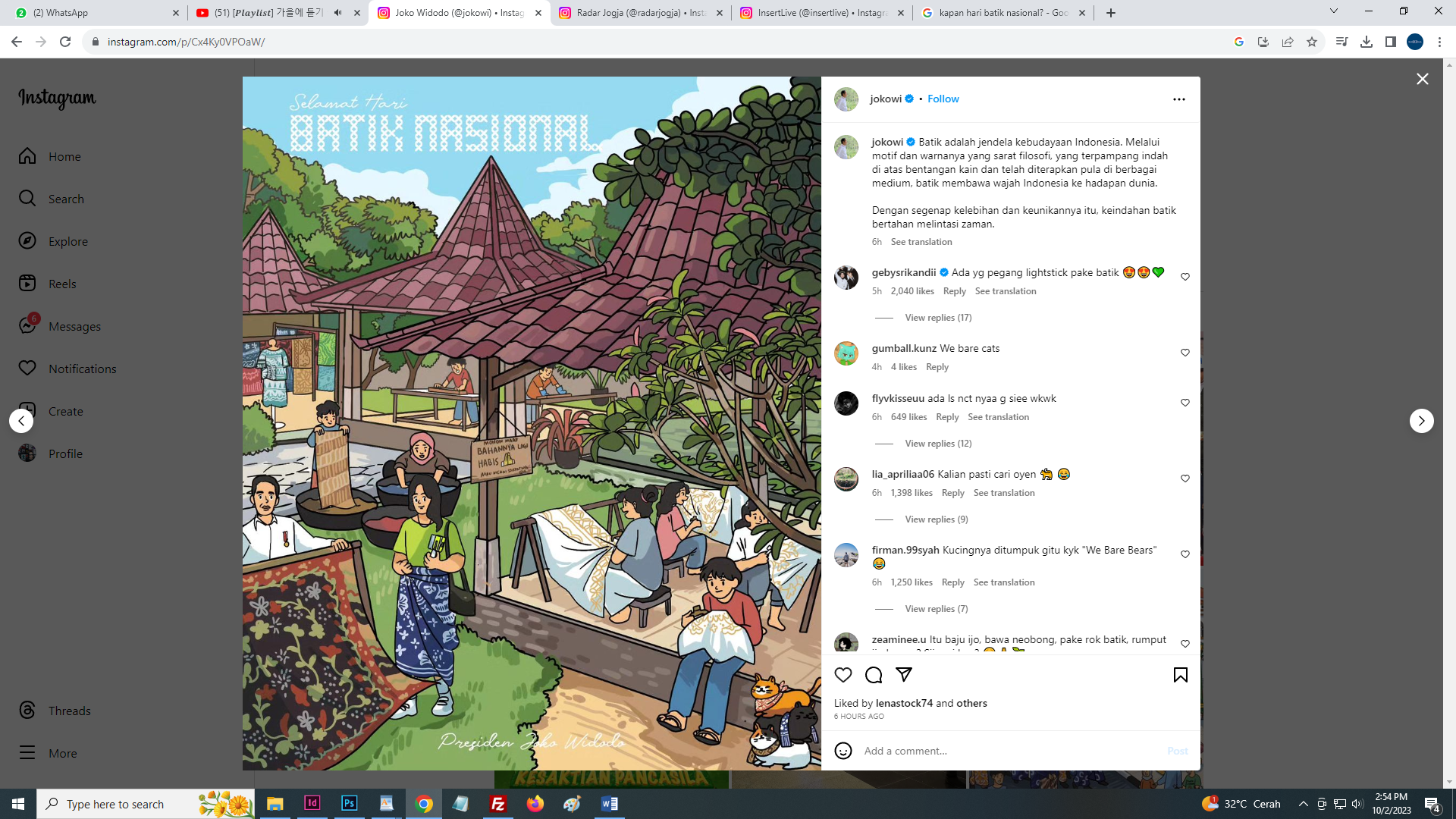 Ilustrasi Poster Peringatan Hari Batik Nasional yang diunggah dalam akun Instagram Presiden Jokowi. (Instagram /@jokowi)