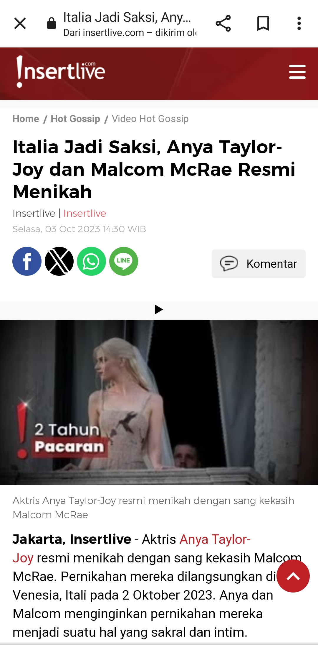 Aktris Anya Taylor-Joy resmi menikah dengan kekasihnya musisi Malcom McRae di Italia. (insertlive.com)