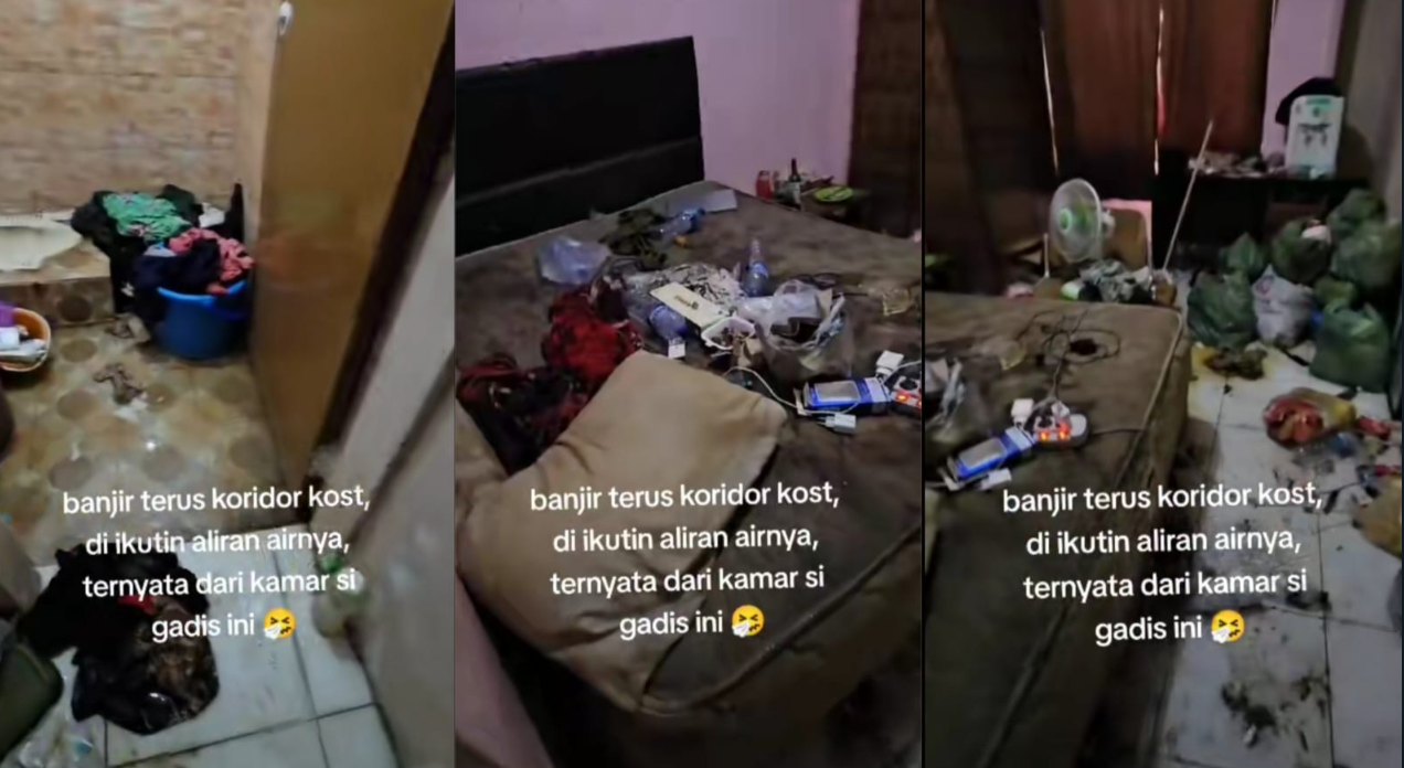 Kondisi kamar kos seorang wanita penuh dengan kotoran. (Tangkapan layar TikTok /@martasiahaan98)