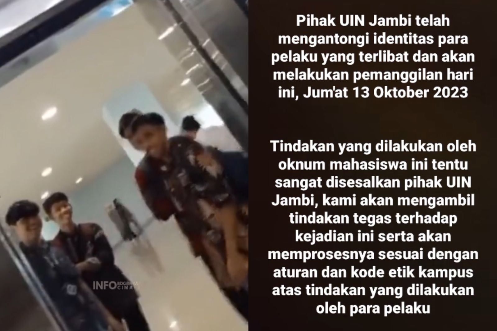 Konfirmasi UIN Jambi terkait kasus perundungan mahasiswi di lift (Instagram @uinjambi.ac.id)