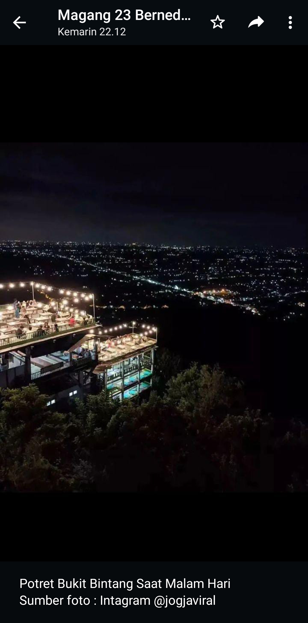 Potret Bukit Bintang saat malam hari. (Instagram/@jogjaviral)