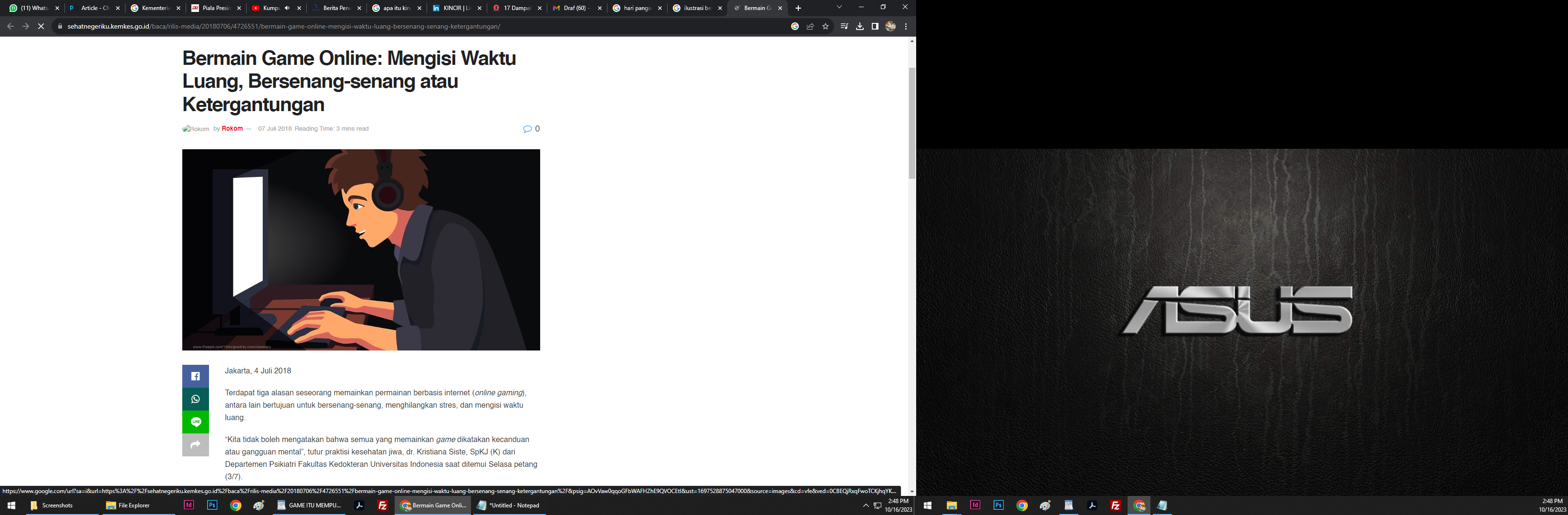 Ilustrasi kartun seseorang fokus bermain game online. (sehatnegeriku.kemkes.go.id)
