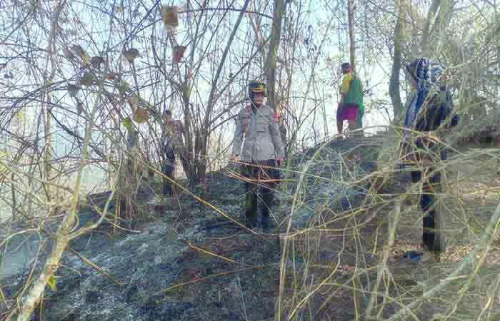 MEDAN SULIT: Upaya pemadaman api kebakaran di Gunung Roto, Kokap, Kulon Progo (kanan). Kapolres Kulon Progo AKBP Nunuk Setyowati meninjau langsung kondisi terkini Gunung Roto, kemarin (16/10).