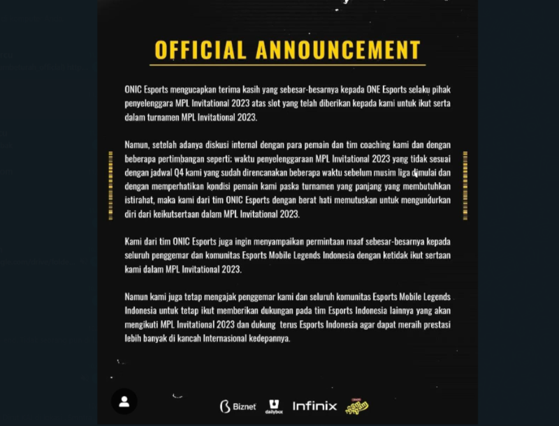 Pengumuman pengunduran diri Tim ONIC Esports laga MPLS Inventional 2023. (Instagram/ONIC Esports)