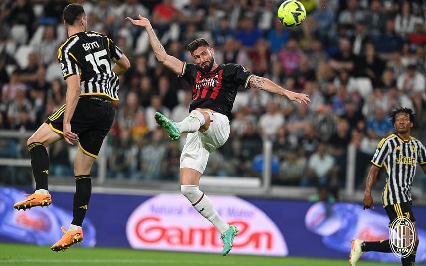 Olivier Giroud berhasil membawa AC Milan kalahkan Juventus, dengan skor tipis 0-1. Di Allianz Arena, pada pekan ke-37 musim 2022/2023, pada Senin (29/5/2023). (Dok AC Milan)