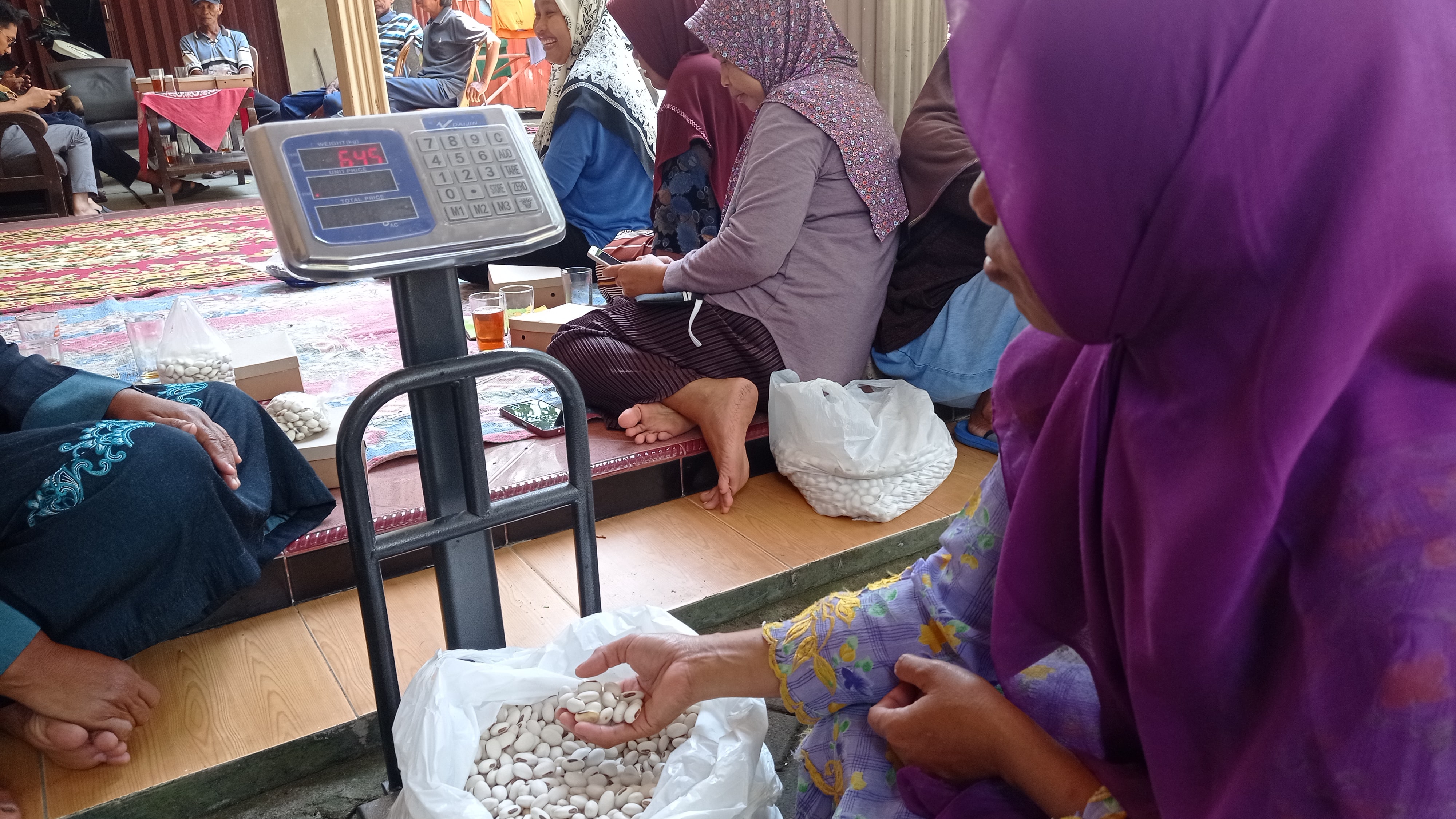 Ibu-ibu KWM Progo Berlian di Babakan, Poncosari, Srandakan Bantul menimbang koro yang diambil dari panen petani. Warga setempat mulai mengembangkan koro dengan didampingi CSR dari Pertamina