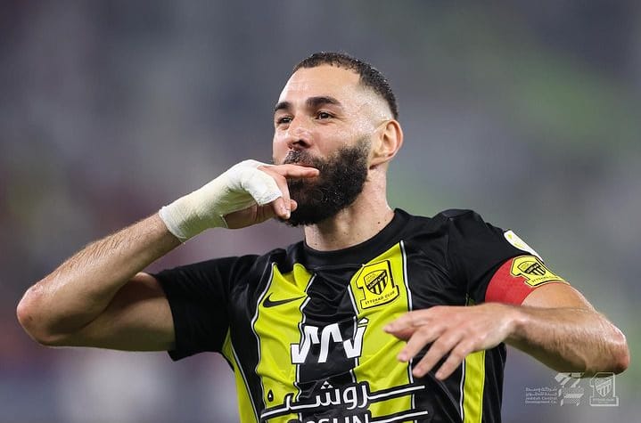 SERI: Karim Benzema cetak gol dan assist saatvAl Ittihad ditahan imbang Al Hazm 2-2 pada Saudi Pro League di Prince Abdullah Al-Faisal Stadium, Jumat (27/10). (IG Ittihadclub.sa)