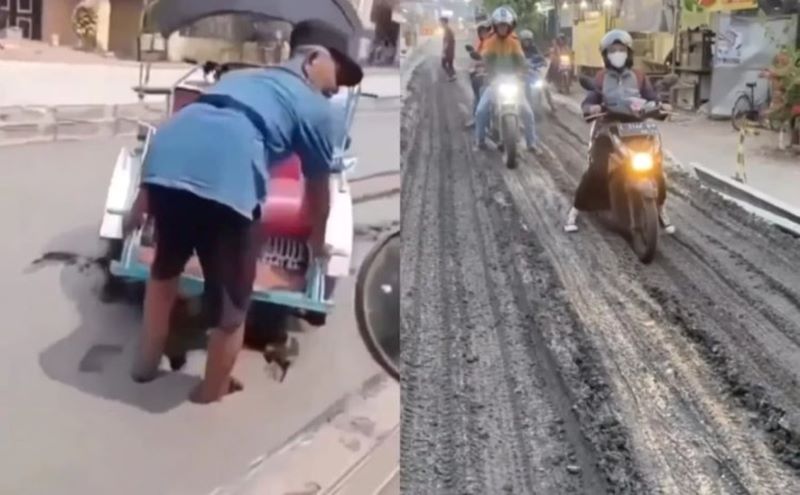 Pengendara Motor Terobos jalan yang baru diperbaiki. (Instagram/@lambe_turah)