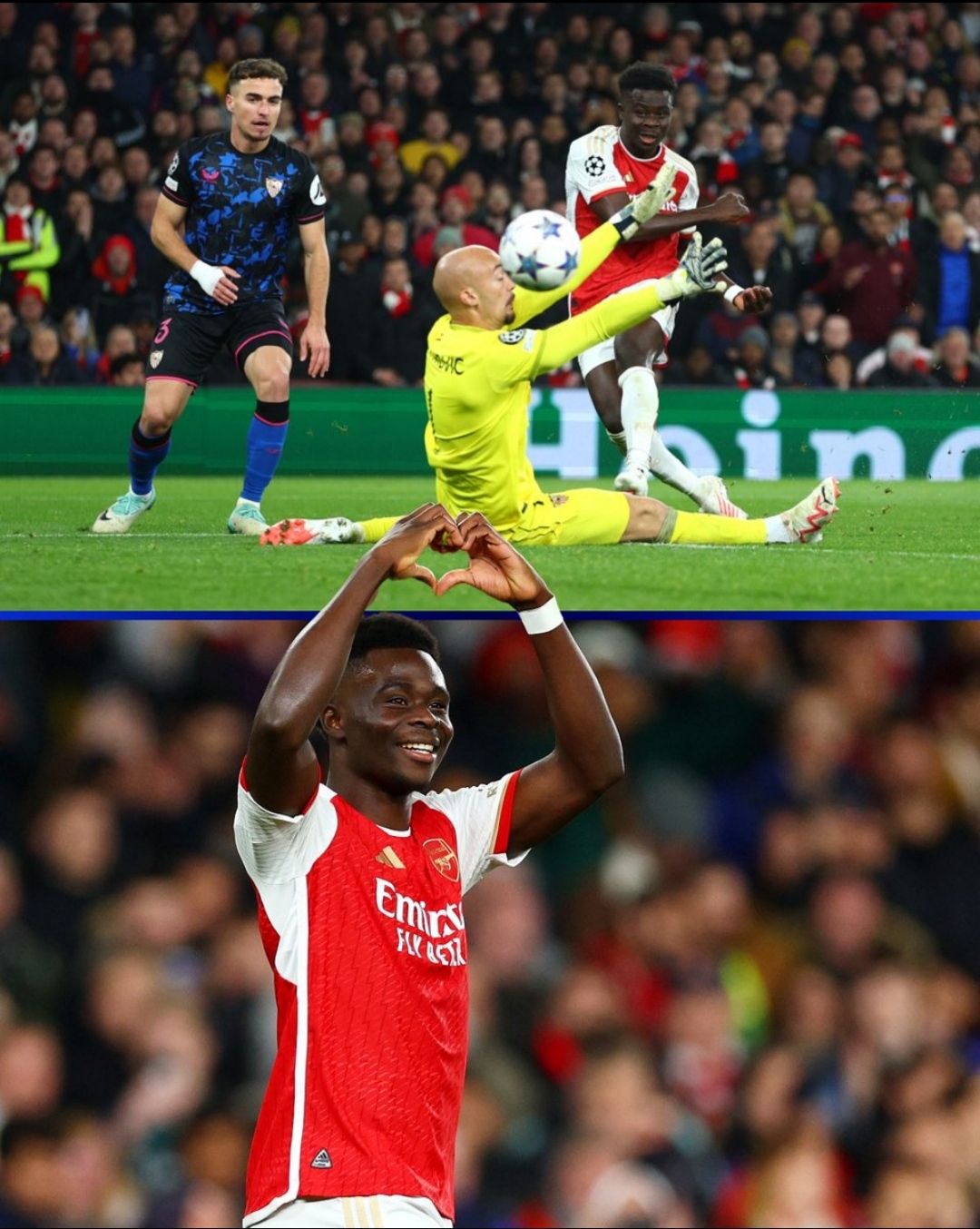 PEACE: Bukayo Saka selebrasi dengan senyuman dan pose tangan membentuk hati setelah mencetak gol kedua bagi Arsenal