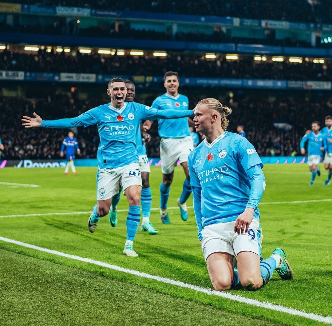 Selebrasi Erling Haaland setelah mencetak gol keduanya ke gawang Chelsea (IG mancity)