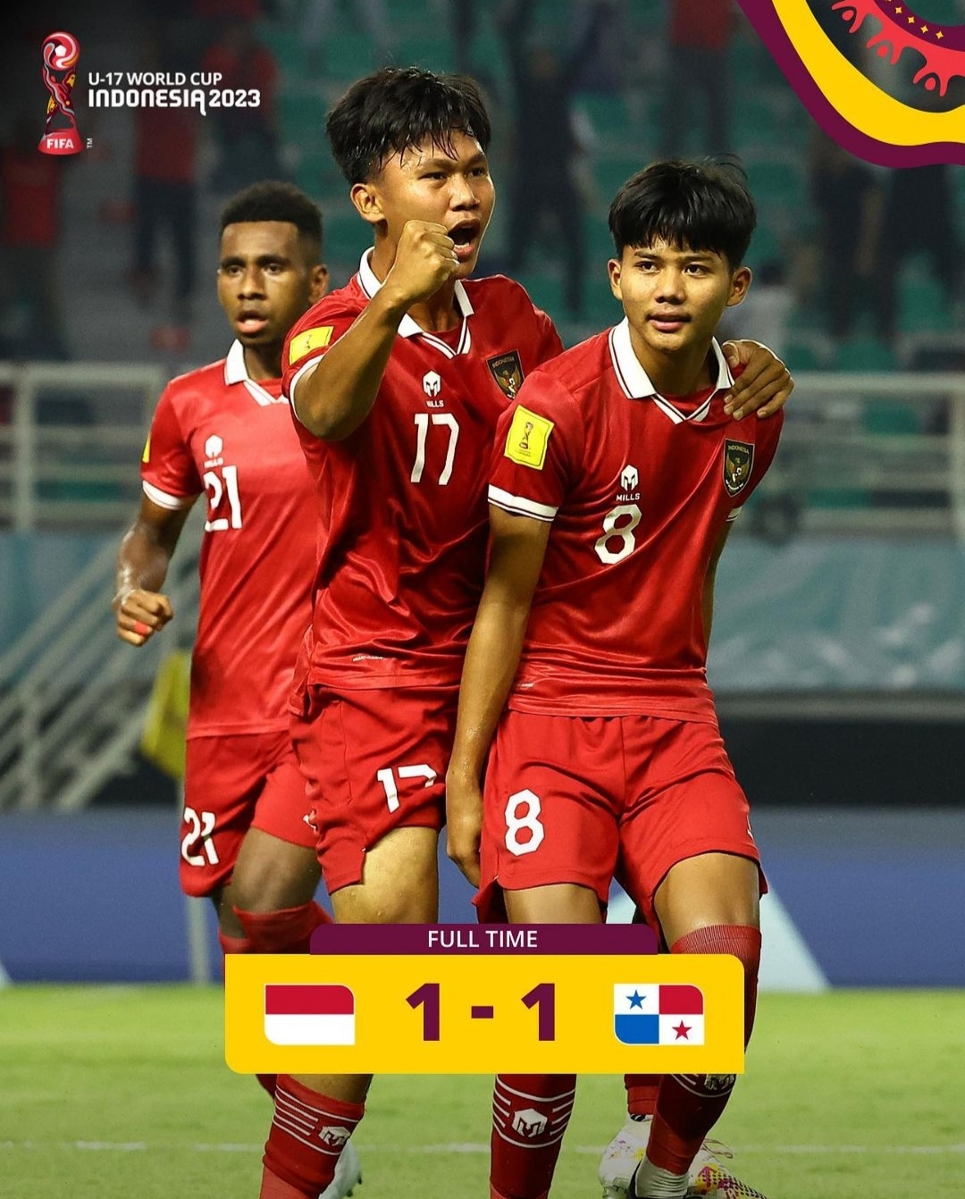 Selebrasi para pemain indonesia setelah Arkhan Kaka mencetak gol (tangkapan layang dari IG fifaworldcup)