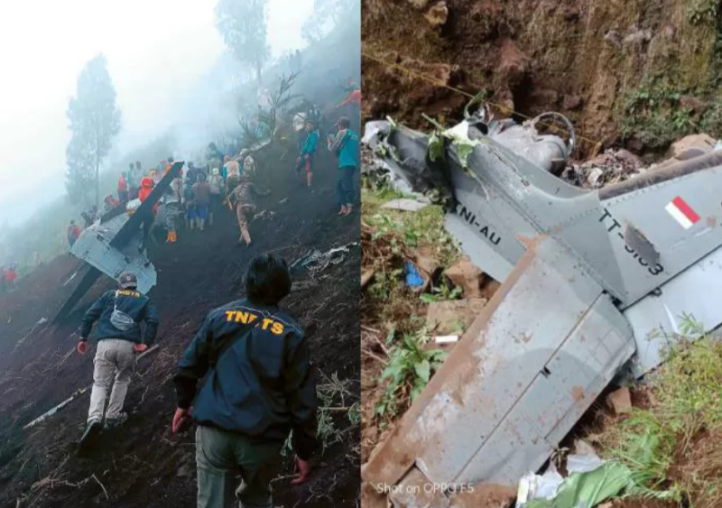 Petugas dan warga mengevakuasi puing-puing pesawat akibat insiden kecelakaan di Desa Wonosari, Kecamatan Lumbang, Pasuruan, Kamis (16/11). (Dok RELAWAN SAHABAT GUNUNG - TAGANA KAB PASURUAN)