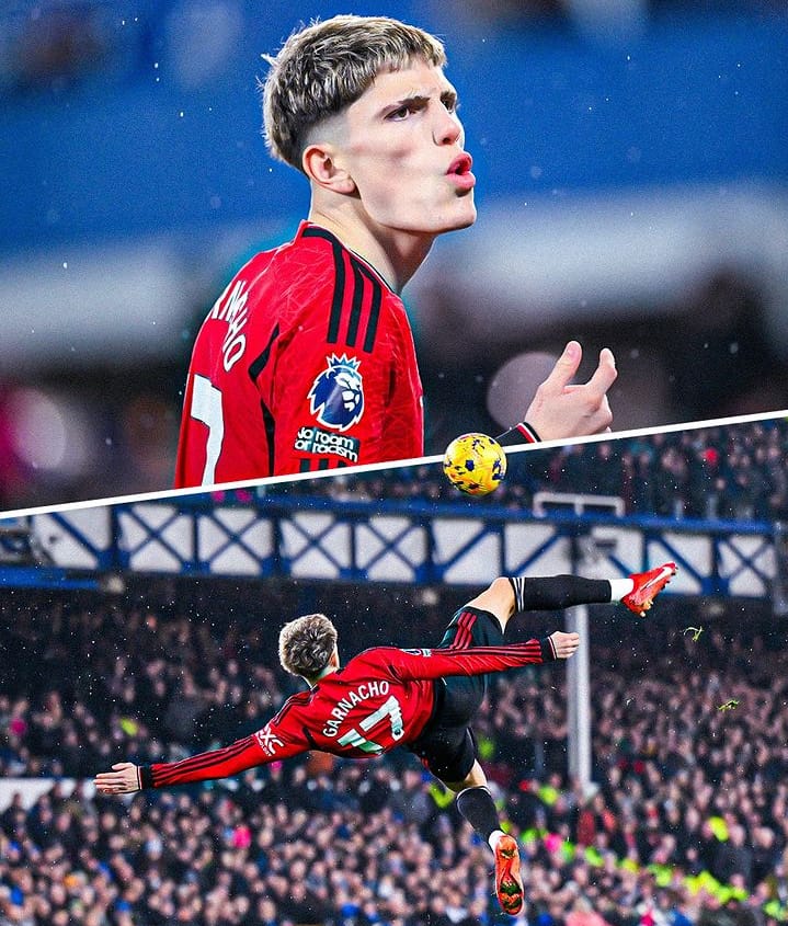 TAKJUB: Penyelesaian yang luar biasa. Gol akrobatik Garnacho, bawa Setan Merah menang 3-0 saat bertandang ke markas Everton. (IG skysports)