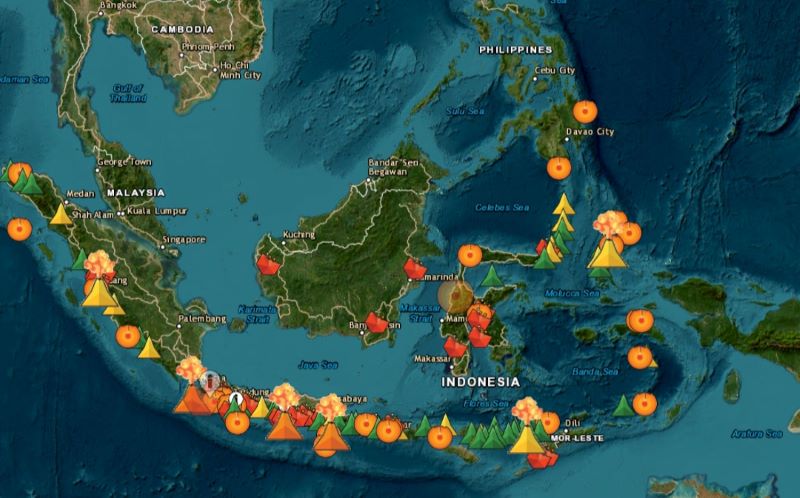 Peta status lengkap gunung api aktif di Indonesia siaga, waspada, normal. (magma.vsi.esdm.go.id)