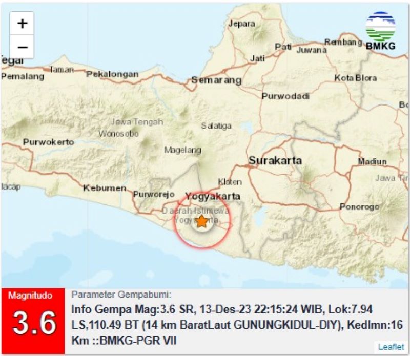 Gempa bumi magnitudo 3,6 mengguncang wilayah Yogyakarta pada Rabu (13/12/2023) malam pukul 22.15 WIB dan diikuti rentetan gempa susulan dengan rata-rata magnitudo 1. (BMKG Stasiun Geofisika Sleman)