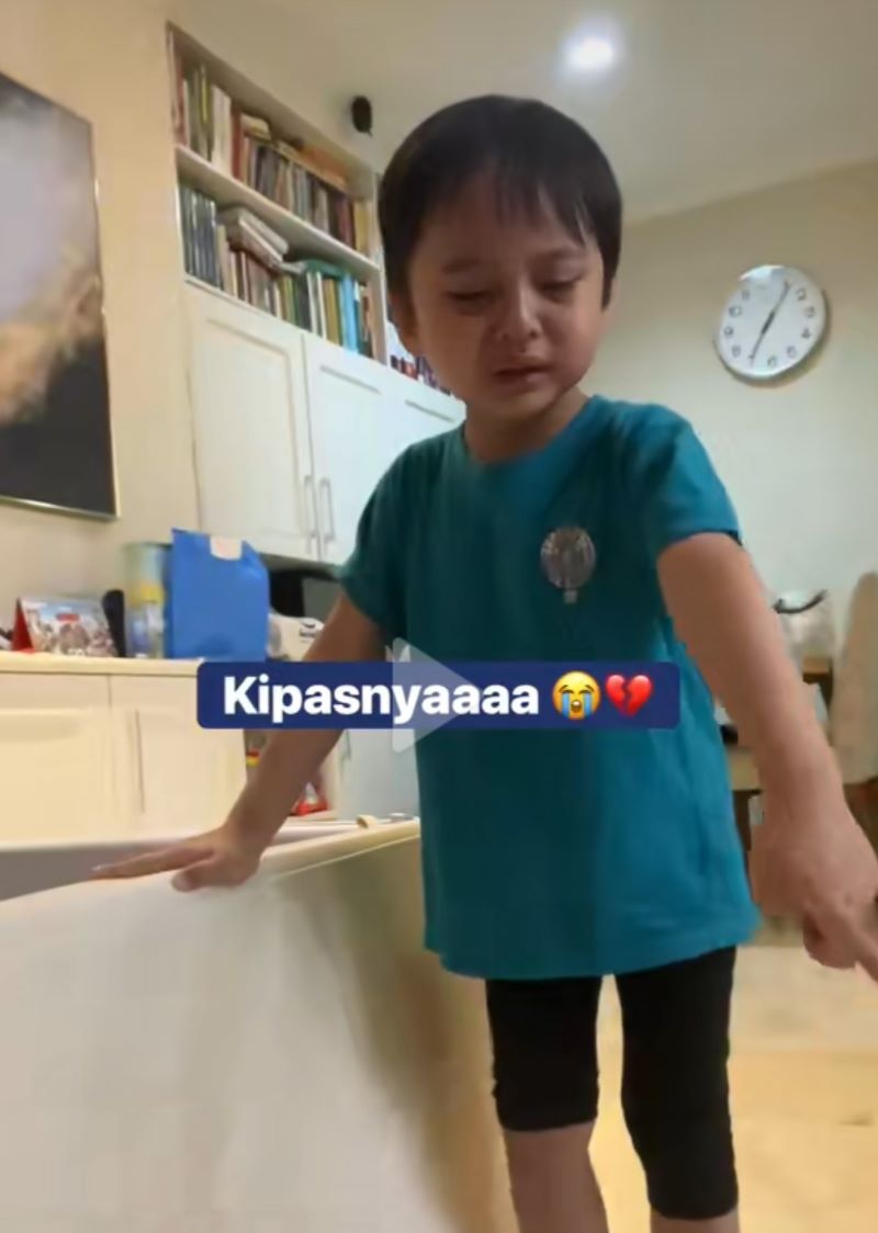 Ekspresi sedih Arrasya, anak Tasya Kamila ketika tahu kipasnya rusak jatuh dari dinding. (TikTok/@Tasyakamilaofficial)
