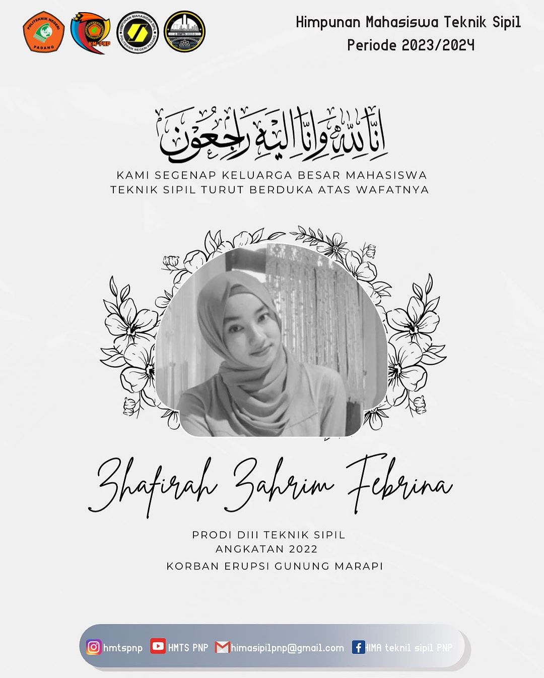 Foto : Instagram @hmtspnp ( potret Zhafiraf korban erupsi Merapi)