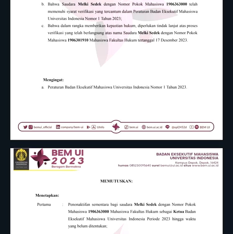 potongan dokumen atau surat keputusan penonaktifan Melki dari jabatannya sebagai Ketua BEM UI