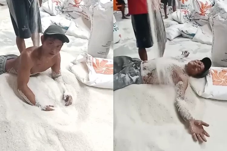 Diduga Beras Bulog diguyur ke pria viral di media sosial. (Instagram / @terang_media)