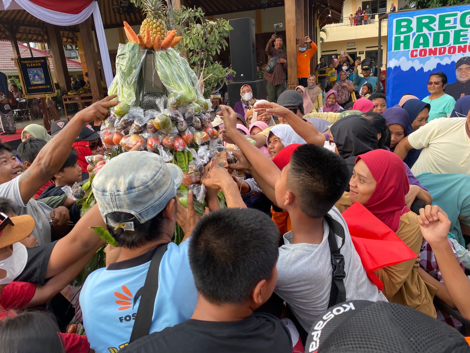 Sejumlah warga berebut gunungan hasil bumi dalam acara peringatan Hari Ulangtahun Kalurahan Condong Catur ke 77, Selasa (26/12/2023).
