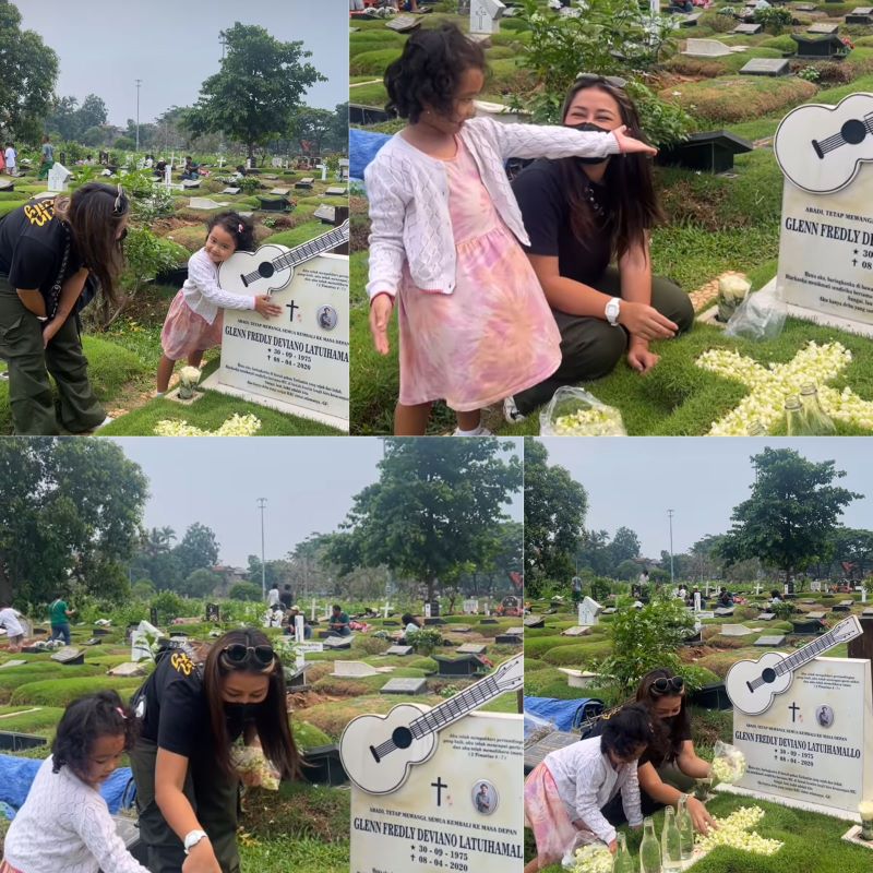 Gewa dan sang ibunda Mutia di pemakaman Glenn Fredly. (Instagram/@mutia_ayuu)